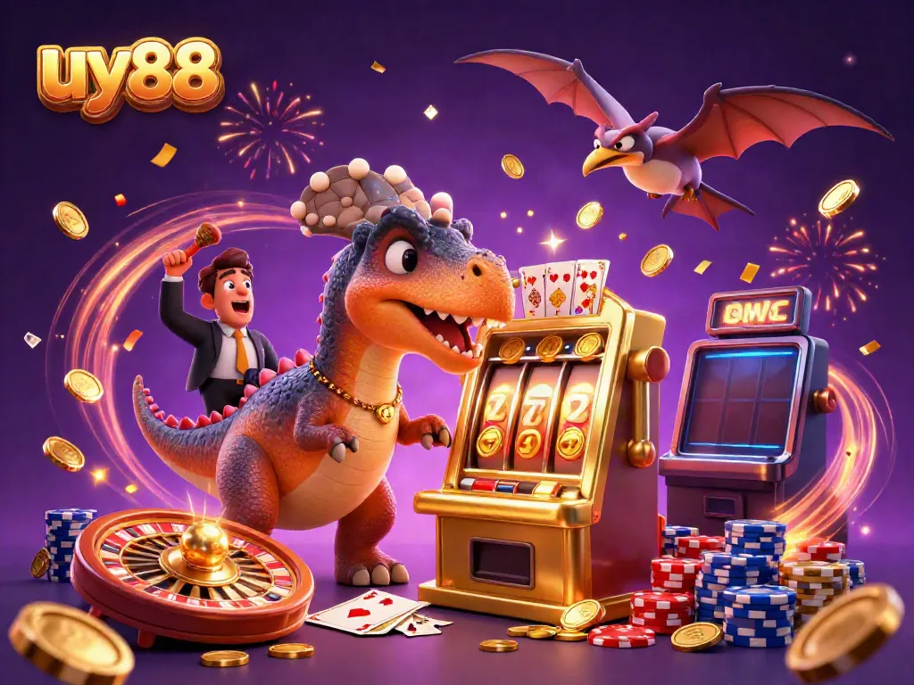 Capture the excitement at uy88 as cartoon dinosaurs interact with a golden slot machine amidst flying coins and gems.