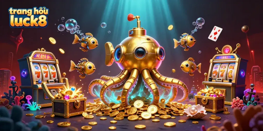 Immerse in the magical world of trang chủ luck8 with a golden kraken submarine surrounded by vibrant gambling elements.