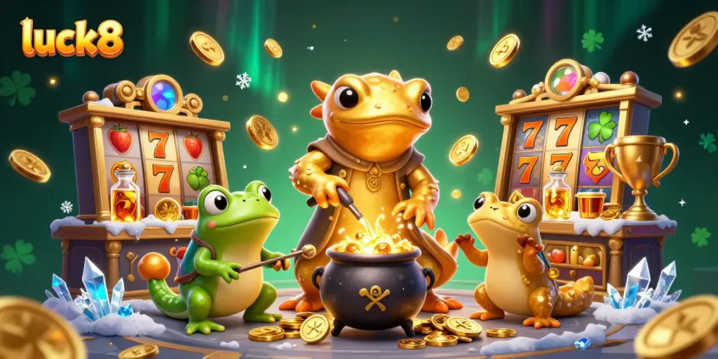 Engage with luck8's exciting slot games, showcasing colorful reels and golden coins in a dynamic scene.