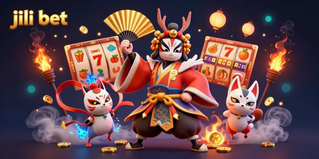 Experience the thrill of jili bet with vibrant slot games featuring a kabuki warrior and magical elements.