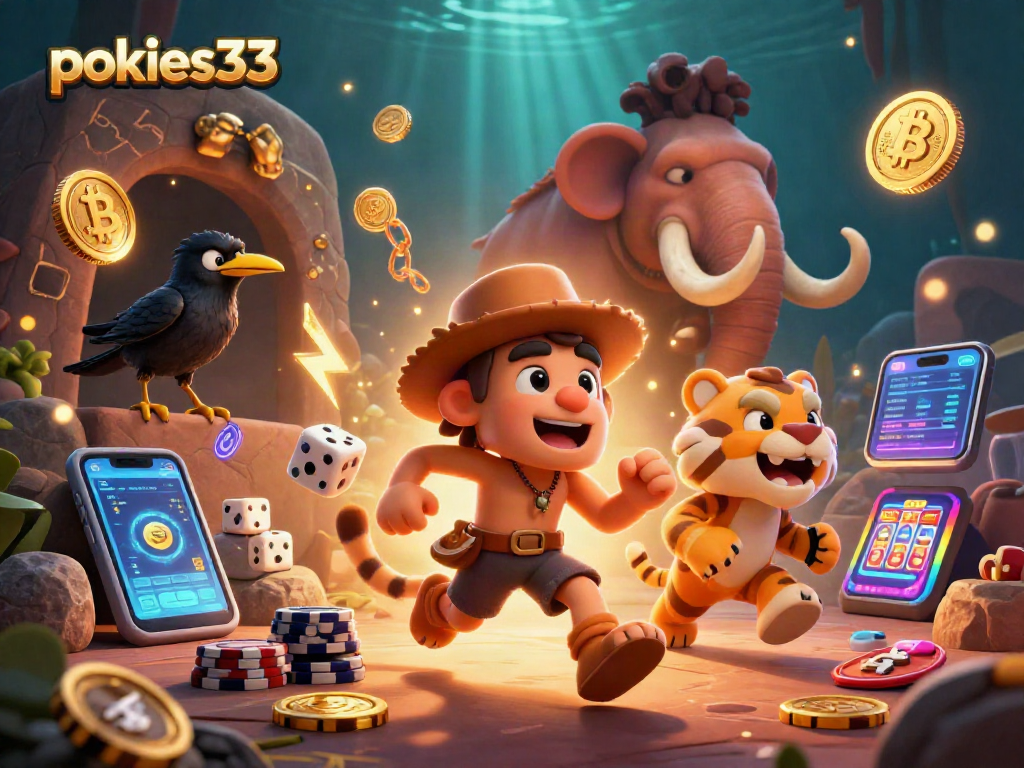Experience pokies33 excitement in a vibrant prehistoric casino scene with caveman, tiger, and crypto elements.
