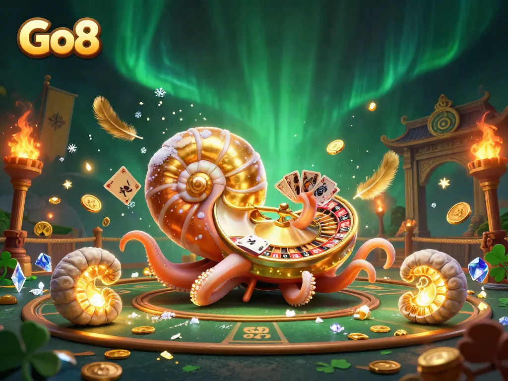 Engage with the Go8 casino scene featuring a giant nautilus as a roulette wheel surrounded by gold coins and vibrant effects.