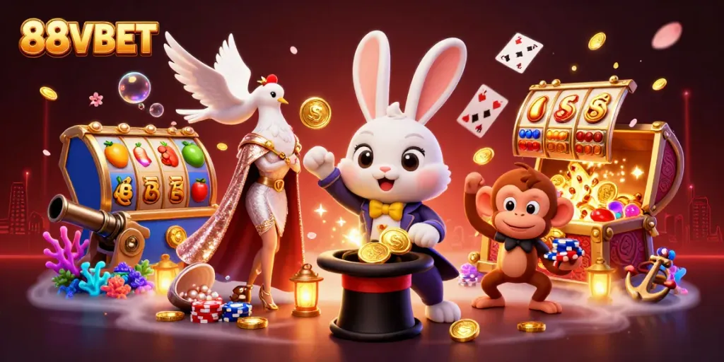 Experience the magic of 88VBET with a dynamic casino-themed scene featuring a rabbit, dove, and monkey.