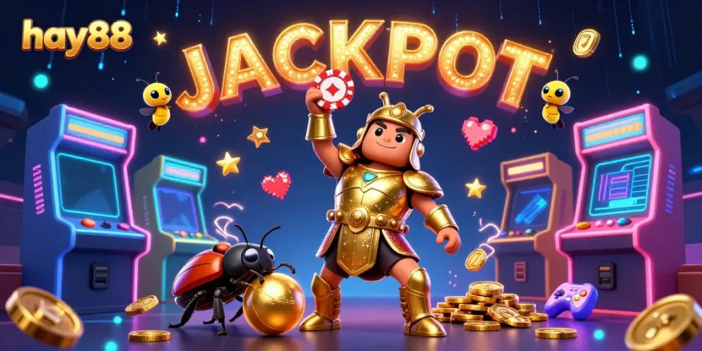 Experience excitement with hay88 as a hercules beetle lifts a poker chip in a vivid casino scene.