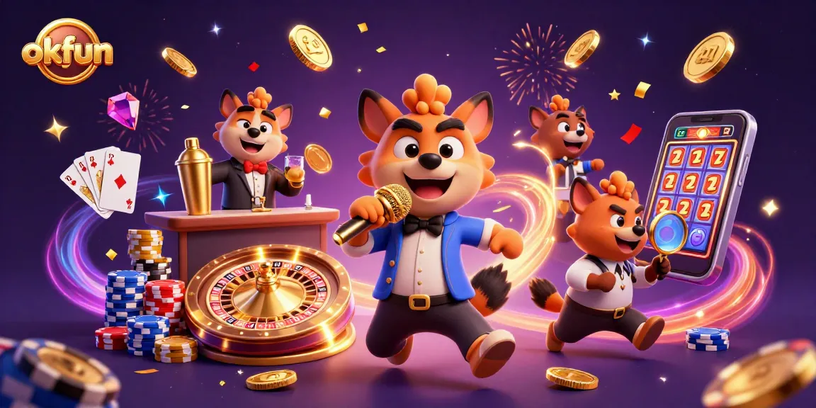 Engage with okfun's dynamic casino atmosphere featuring hyenas in a comedy club amidst action.