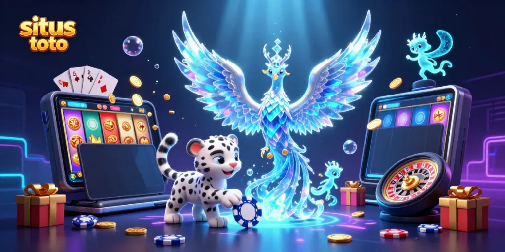 Gambarlah situs toto yang menyajikan phoenix es yang memancarkan cahaya prismatic dan karakter lainnya dalam suasana kasino yang mendebarkan.