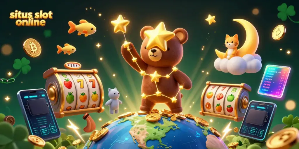 Menggali situs slot online dengan bear bintang dan simbol jackpot di langit malam.