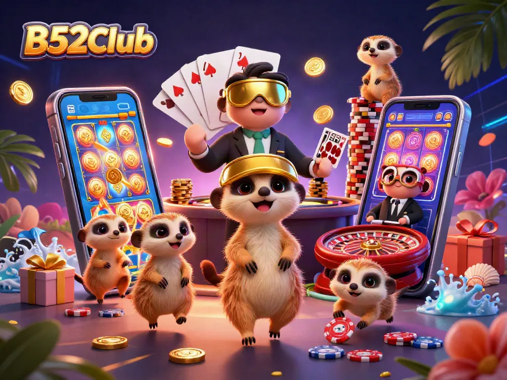 B52Club showcases an exciting scene with meerkats managing a vibrant casino, highlighting dynamic gambling action.