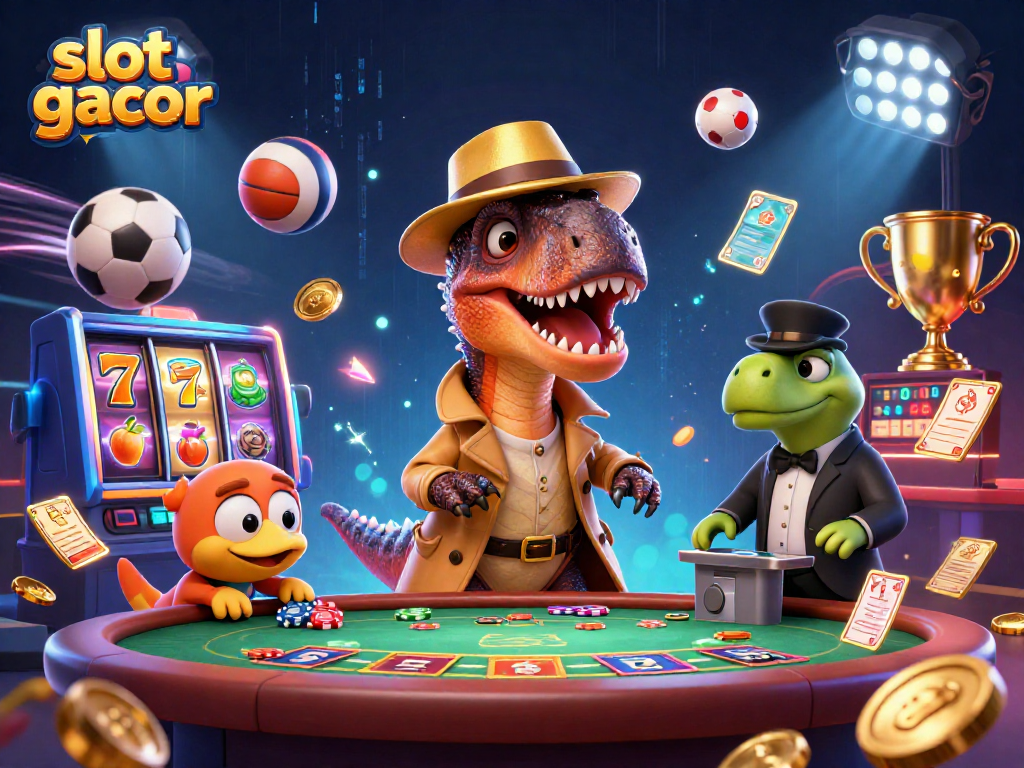 Experience the excitement of slot gacor with a lively casino scene featuring animated characters and spinning reels.
