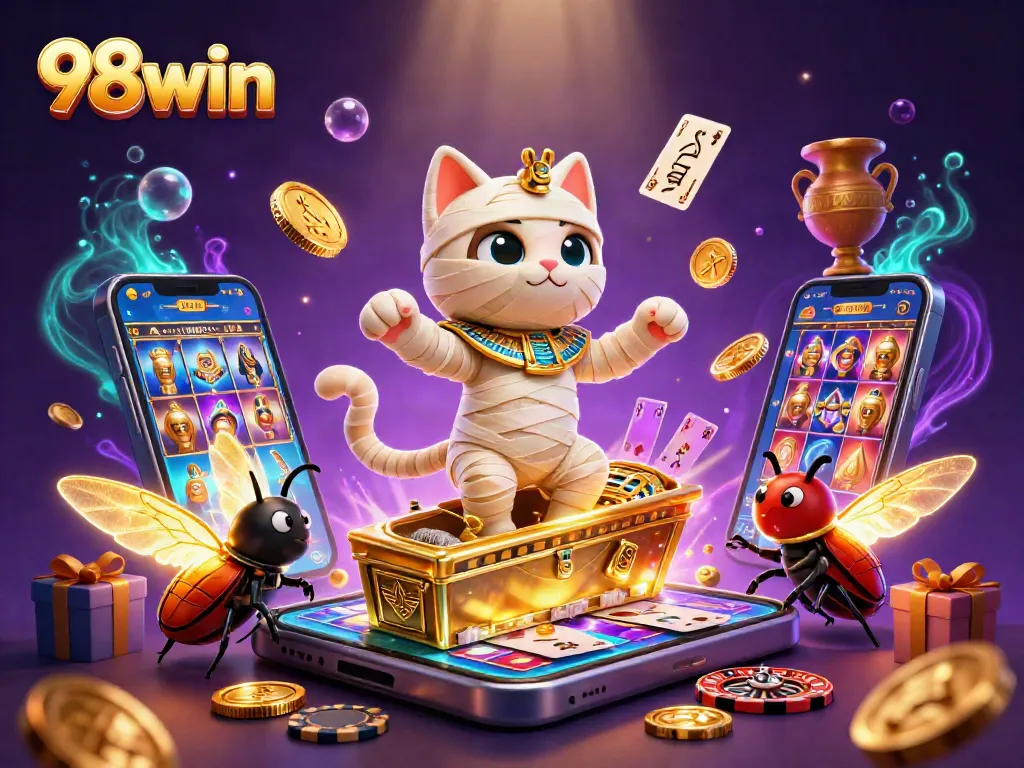 Engage with 98win in a vibrant pyramid casino, featuring a glowing mummy cat and playful game elements.