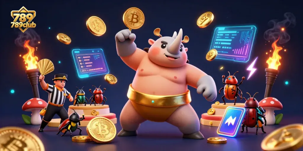 Experience the excitement of 789club as the sumo beetle champion stomps gold coins in a lively 3D casino scene.