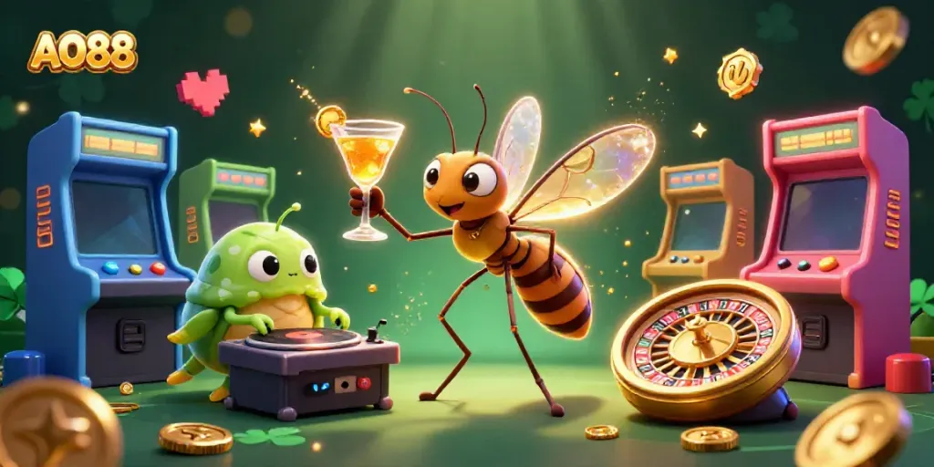 Engage with AO88's vibrant casino scene featuring a frozen mosquito mascot and an ammonite roulette wheel.