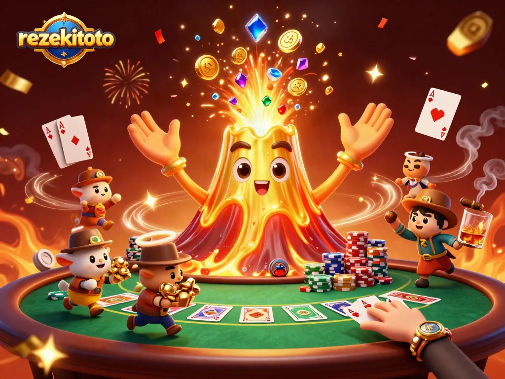 Experience thrilling rezekitoto action with a 3D illustration of a golden volcano and treasure-seeking animals.