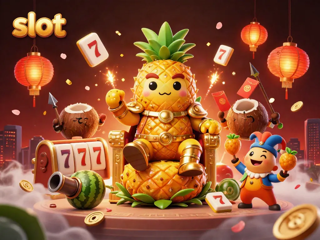 Slot permainan menarik dengan raja nanas emas di kasino pantai, dikelilingi elemen slot