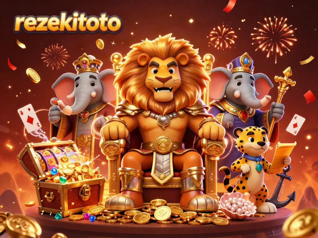 Rezekitoto slot game adventure featuring a lion king, wise elephant, and swift cheetah amid gold coins and vibrant elements.