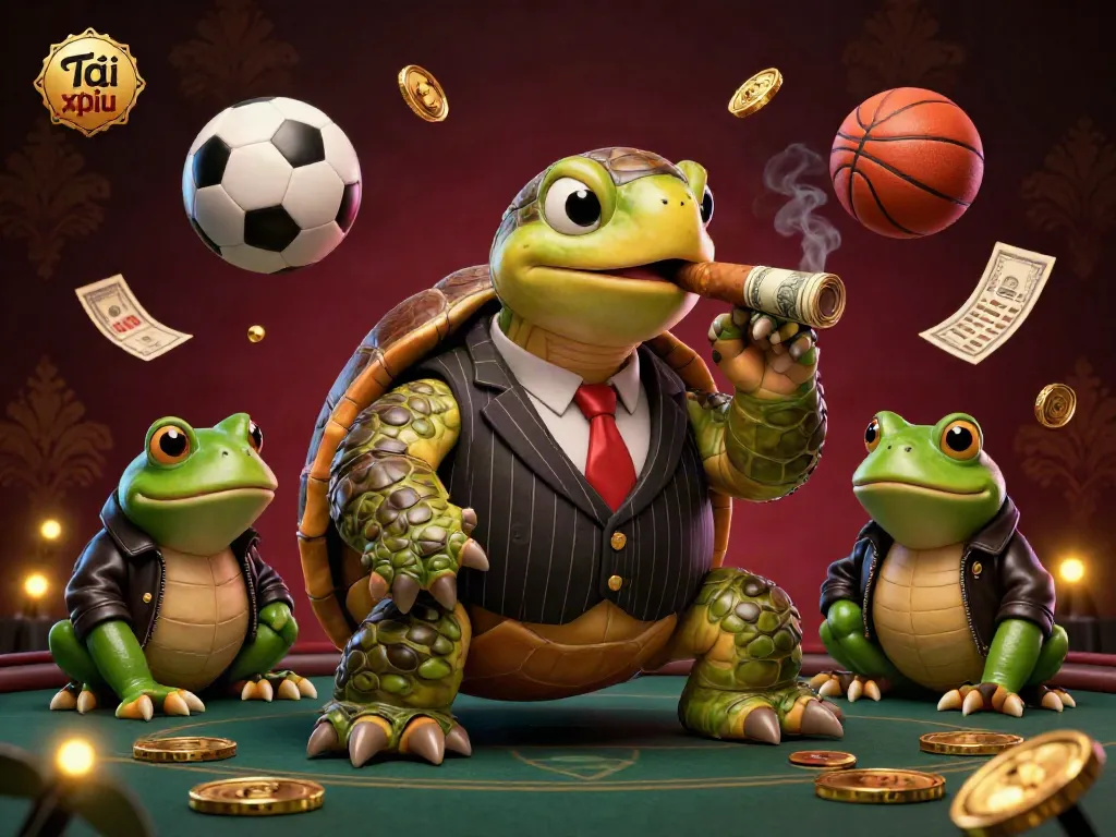 Tài xỉu gaming illustration showcasing a unique casino scene with a snapping turtle and bullfrog enforcers.