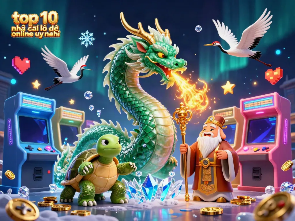 Experience top 10 nhà cái lô đề online uy tín with a dynamic casino-themed illustration featuring mythical creatures and games.