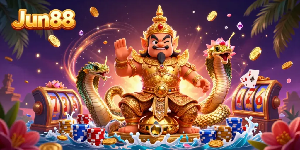 Win big at Jun88 with a vibrant 3D casino illustration showcasing the excitement of slots, gold coins, and regal guardians.