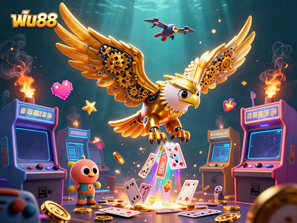 Engage with thrilling gaming at ฟัน88 with a cybernetic eagle soaring through colorful casino elements.
