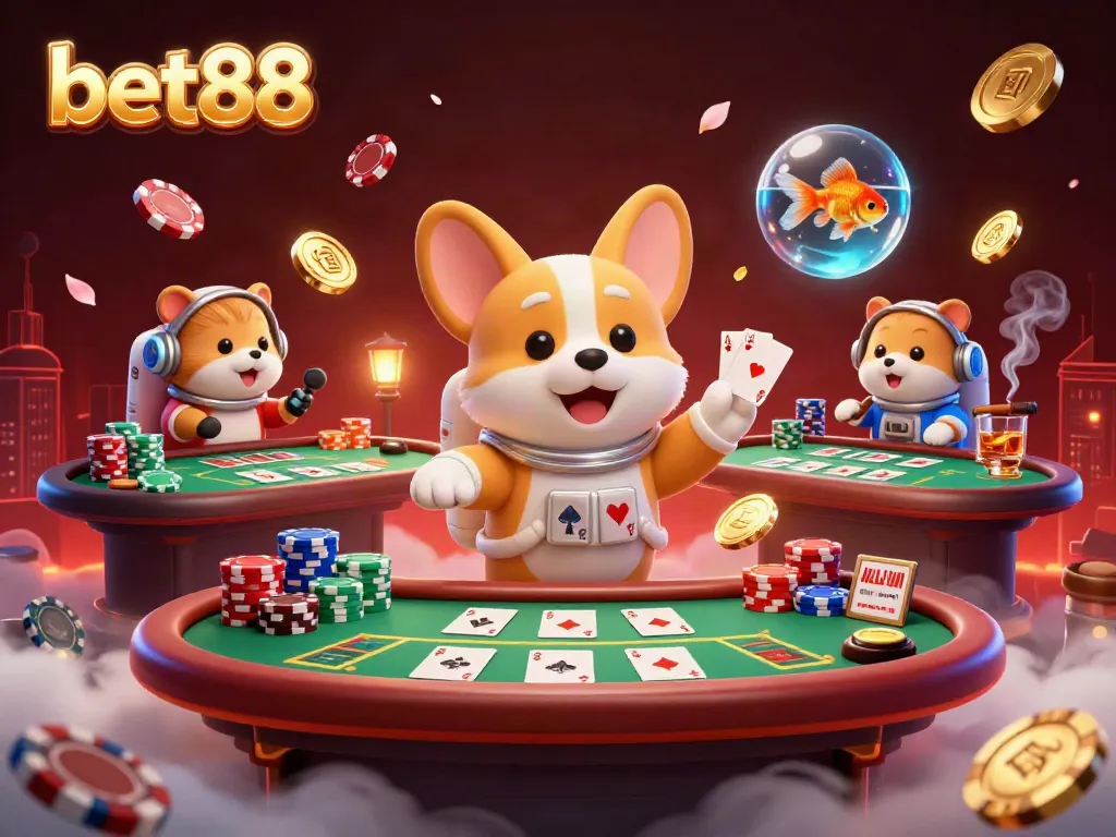 Experience thrilling games at bet88 with playful astronauts, poker action, and vibrant casino elements.