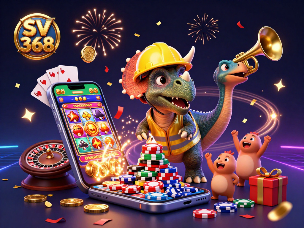 Engage with SV 368 as a triceratops builds poker chips while celebratory confetti rains down.