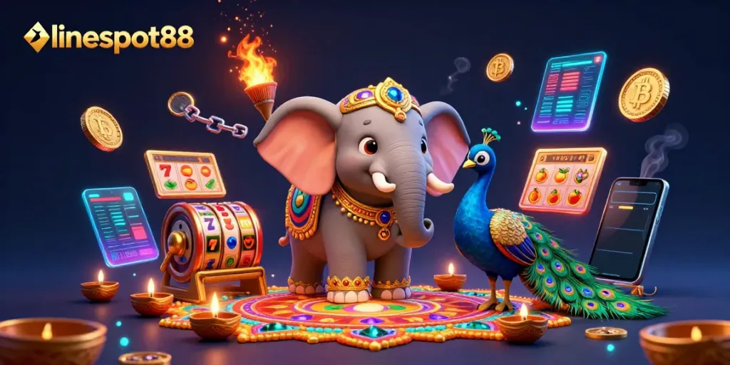 Engage with lineslot88 in a vibrant casino scene featuring a Diwali-themed elephant and crypto elements.