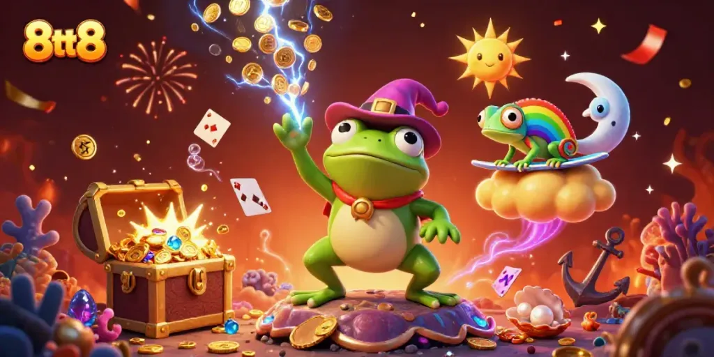 Engaging artwork of 8tt8-themed casino elements featuring wizard frog and chameleon amidst golden coins.
