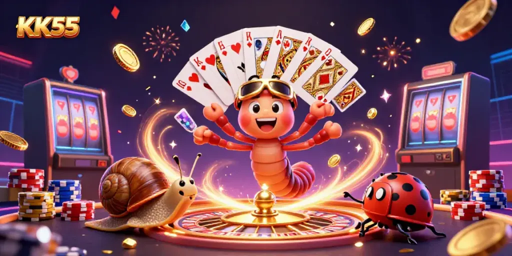 Engage with KK55 as the lively millipede dealer showcases vibrant cards in this energetic casino scene.