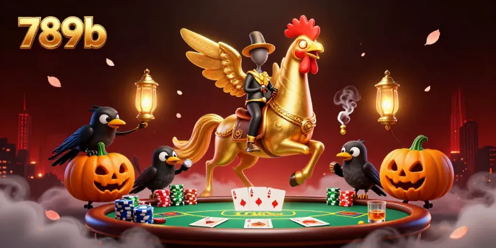 Experience thrilling gameplay at 789b with a golden rooster headless horseman in a vibrant casino scene.