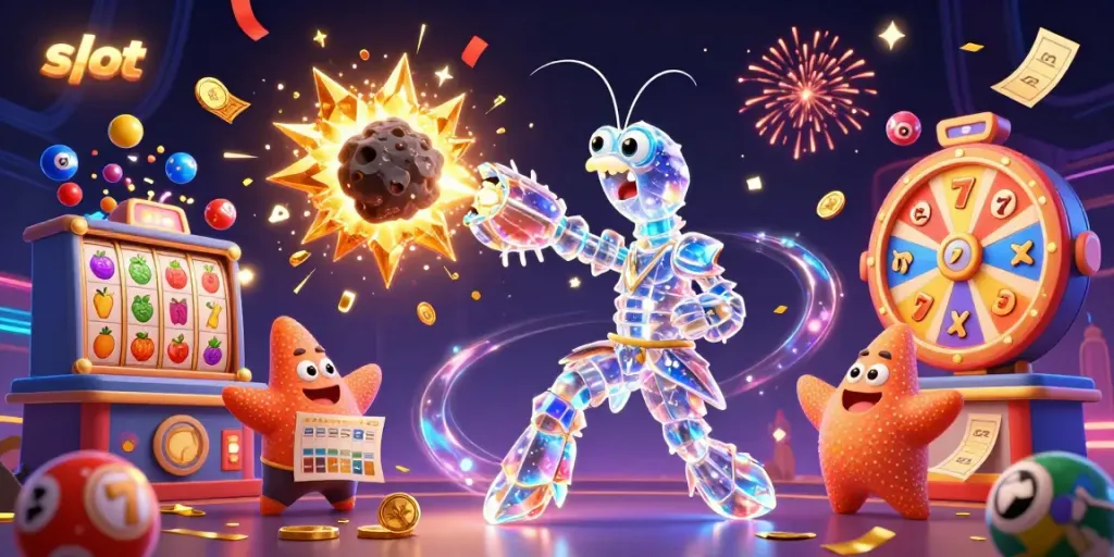 Feel the thrill of slot gaming as colorful slot reels and coins explode in a dynamic casino scene!