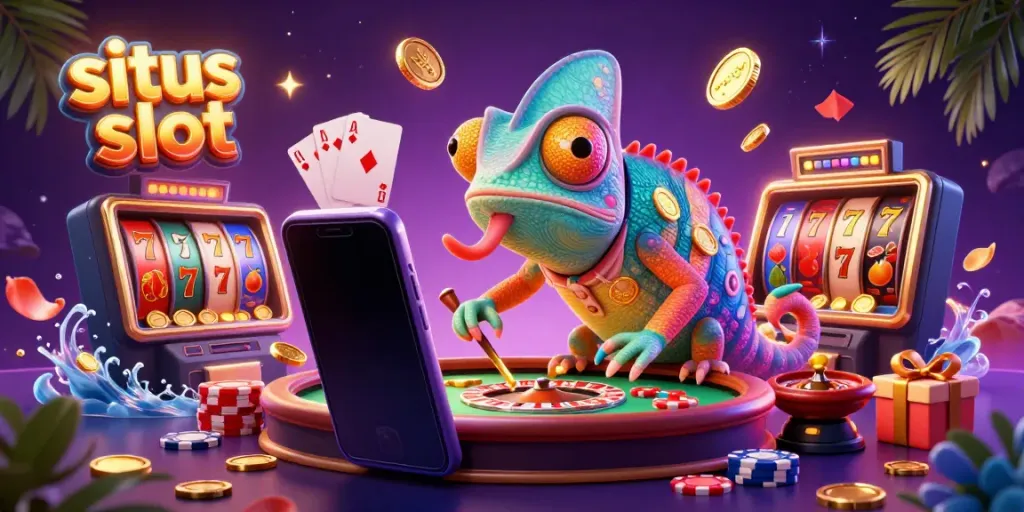 Ilustrasi situs slot menampilkan chameleon pemilik kasino dan elemen permainan slot yang berwarna-warni, penuh energik.