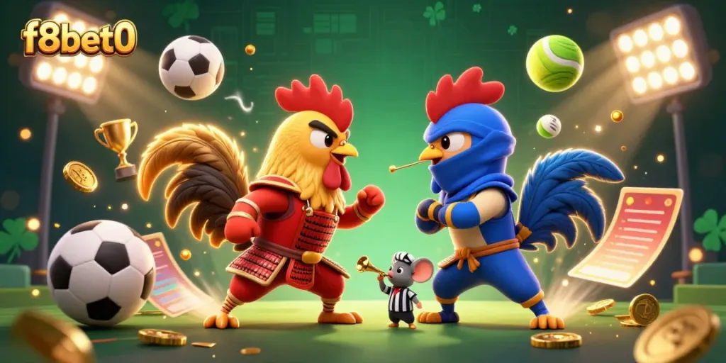 Engage in thrilling online cockfighting action with f8bet0's vibrant illustration of roosters battling amidst sports betting elements.