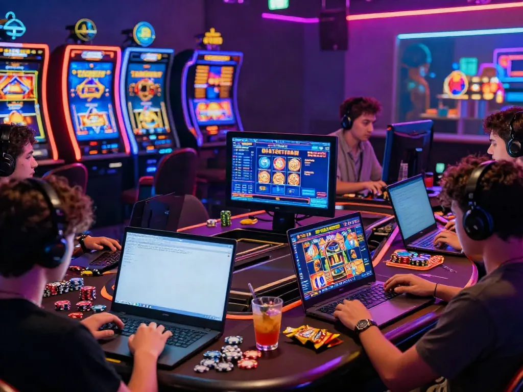 Exciting slot Thailand gaming scene featuring players on neon-lit devices