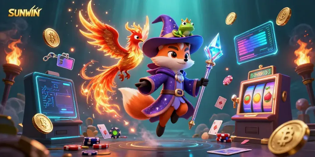 Experience thrilling gambling with SUNWIN through a magical scene of a wizard fox, phoenix, and slot machines.