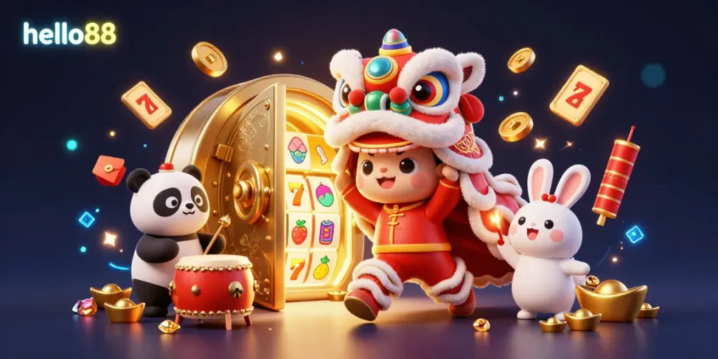 Join the excitement at hello88 with a vibrant 3D illustration of casino games, featuring a lion dance, drumming panda, and treasure.