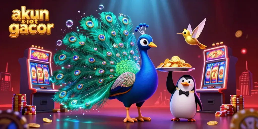 Akun slot gacor menawarkan pengalaman bermain menarik dengan berbagai simbol slot, burung kolibri, dan penguin pelayan yang membawa koin emas.