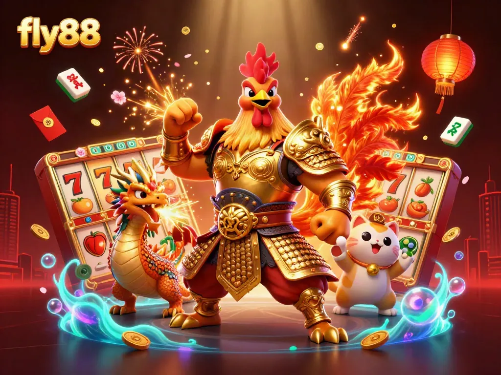 Experience the thrilling world of fly88 with dynamic casino elements and a powerful fighting rooster character.