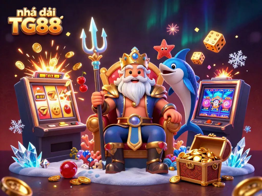 Experience the excitement of Nhà cái TG88 with a dynamic 3D casino illustration featuring Neptune, a swordfish guard, and vibrant game elements.