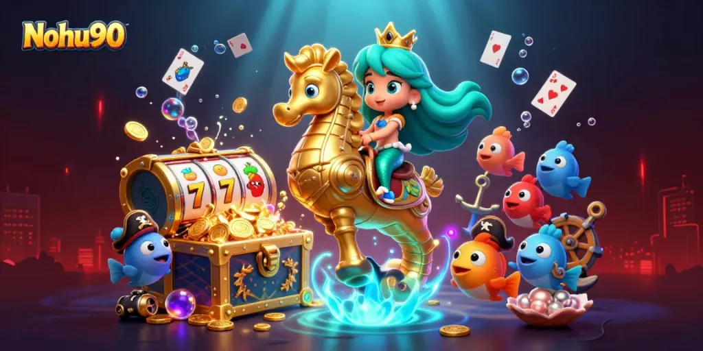Nohu90 showcases a vibrant scene with a mermaid princess, seahorse, and slot reels for thrilling casino adventures.
