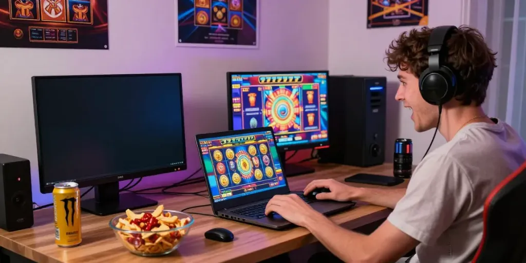 Player enjoying a thrilling game of slot777 in a cozy gaming setup.