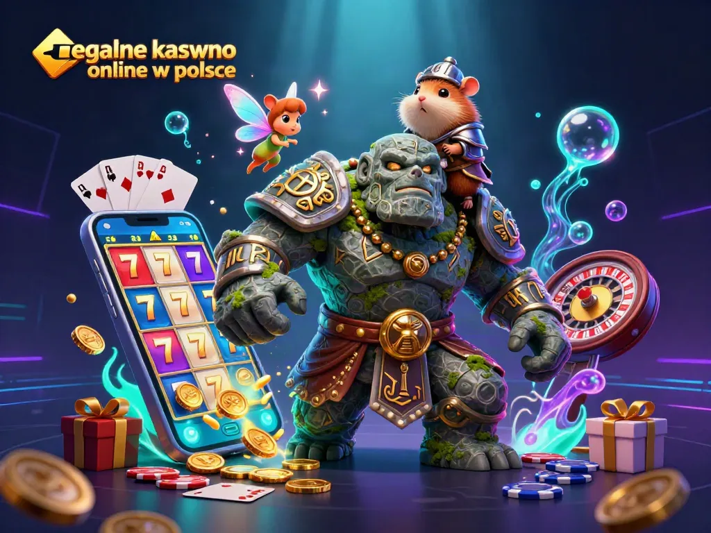 Engaging scene of ancient stone golem and tiny fairy showcasing legalne kasyno online w polsce with vibrant casino elements.