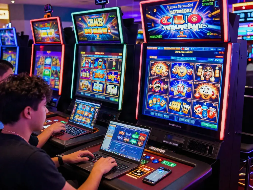 Engaging online gaming experience on lumbung88 platform with players enjoying colorful slot machines.