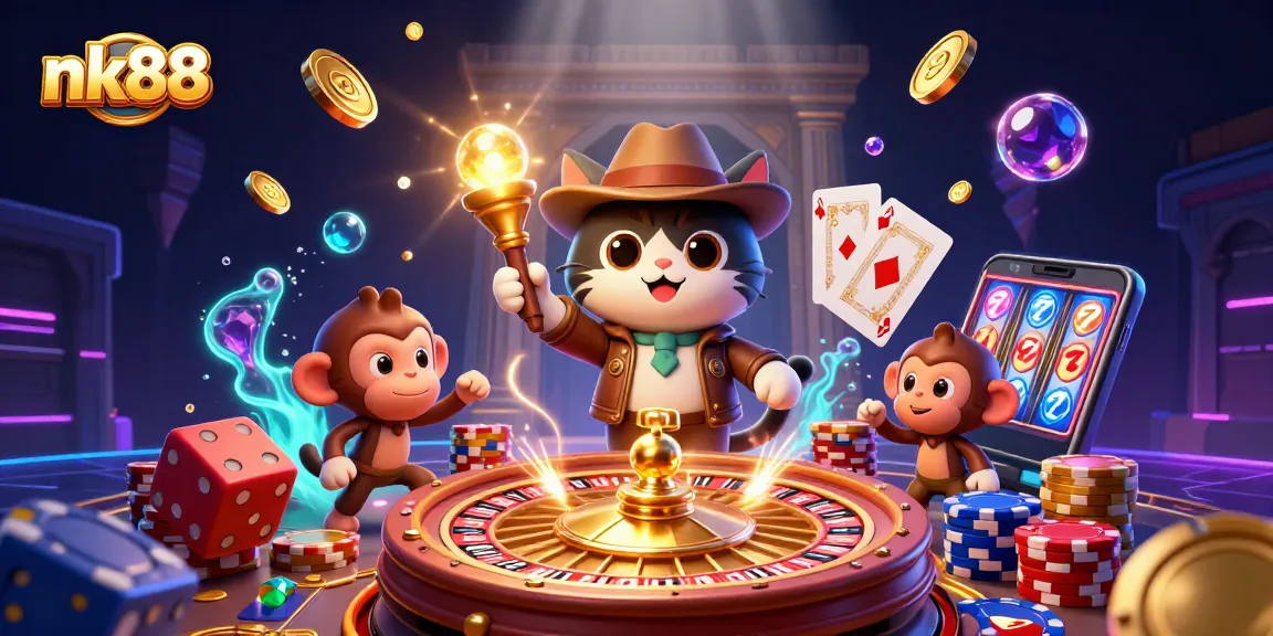 Experience nk88's thrilling adventure with a bold archaeologist cat and treasures from the casino world.