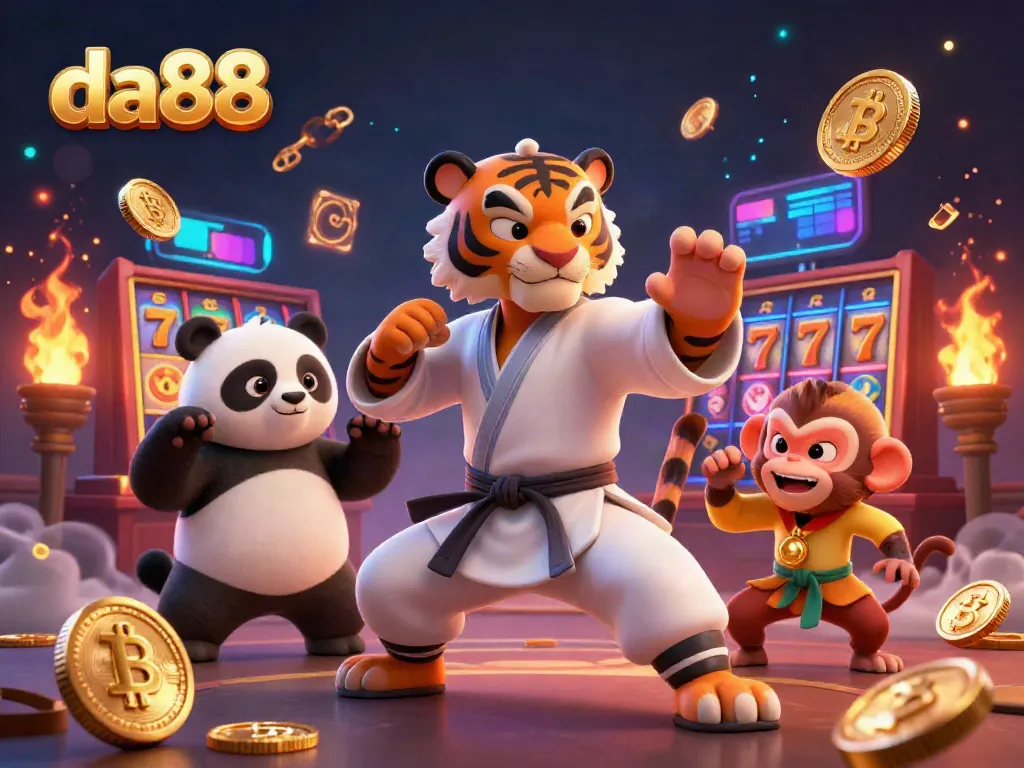 Engage in winning strategies at da88 with a 3D casino scene featuring a kung fu tiger, panda, and monkey surrounded by slot game elements.