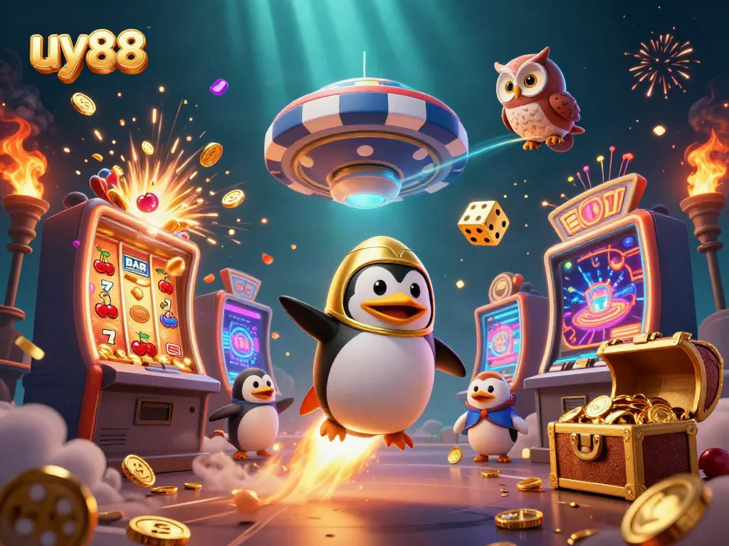 Experience the excitement of uy88 with a vibrant casino-themed scene featuring golden elements and dynamic action.