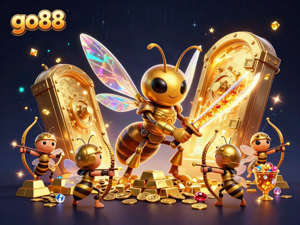 Engage with go88 in a vibrant 3D casino adventure scene, showcasing golden treasures and dynamic gaming elements.