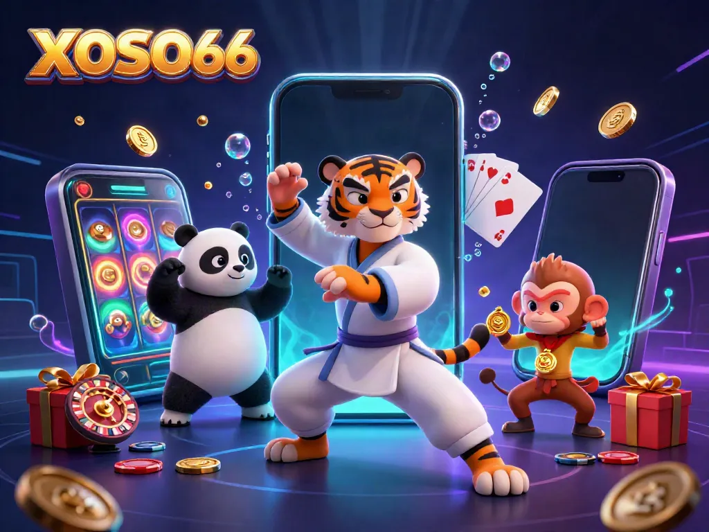 Experience the thrills of XOSO66 with a vibrant casino scene featuring engaging characters and dynamic gaming elements.