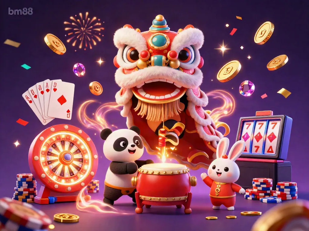 Experience vibrant celebrations with bm88 in this lively scene featuring a lion dance and casino elements.