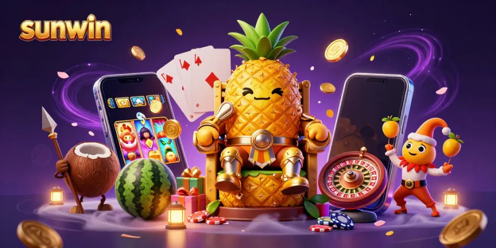 Sunwin's premium gaming scene with the golden pineapple king, slot games, and tropical elements.
