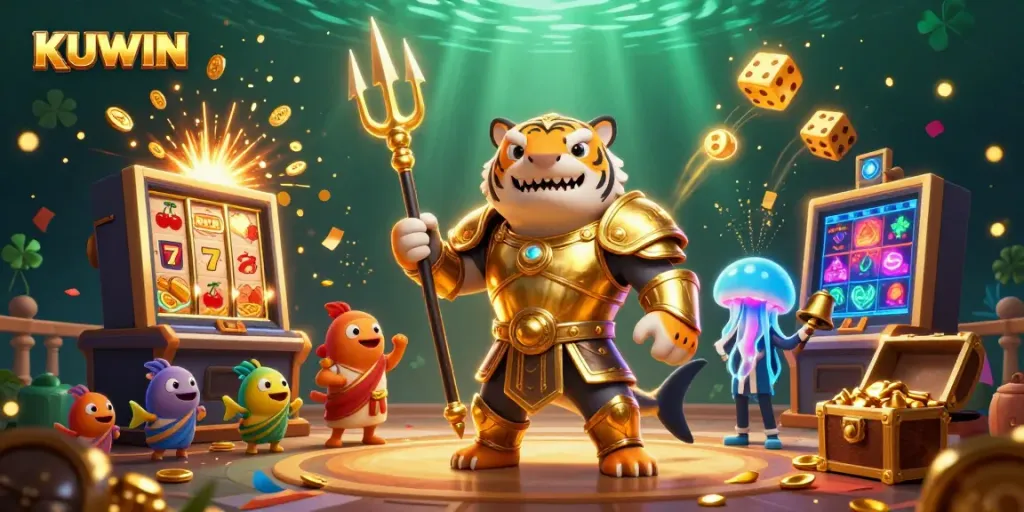 Engage in the excitement of KUWIN with a lively underwater casino scene featuring a golden shark gladiator.